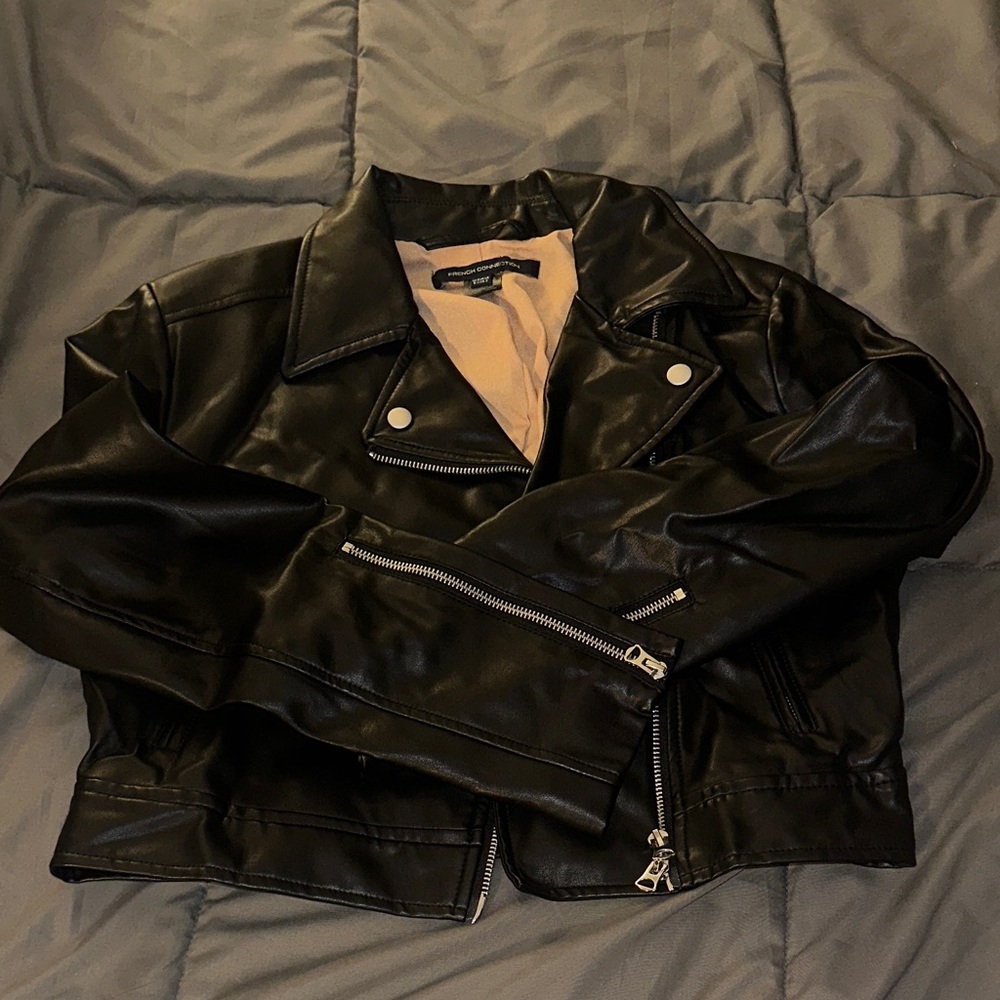 French Connection- Cropped Black Leather Jacket with Silver Accents